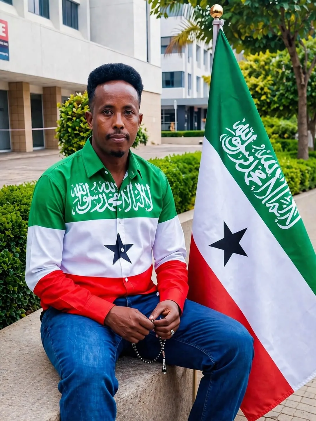 "man sitting wearing somaliland flag dress"